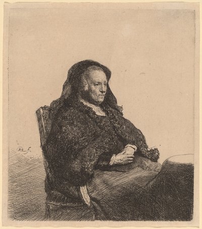 La madre del artista sentada en una mesa, mirando a la derecha de Rembrandt van Rijn