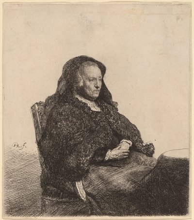 La madre del artista sentada en una mesa, mirando a la derecha de Rembrandt van Rijn