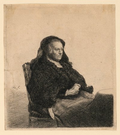 La Madre del Artista Sentada en una Mesa, Mirando a la Derecha: Tres Cuartos de Longitud de Rembrandt van Rijn