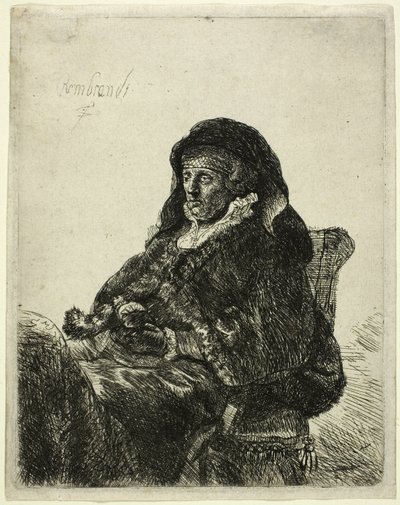 La madre del artista sentada a la mesa, mirando a la derecha: Tres cuartos de largo de Rembrandt van Rijn
