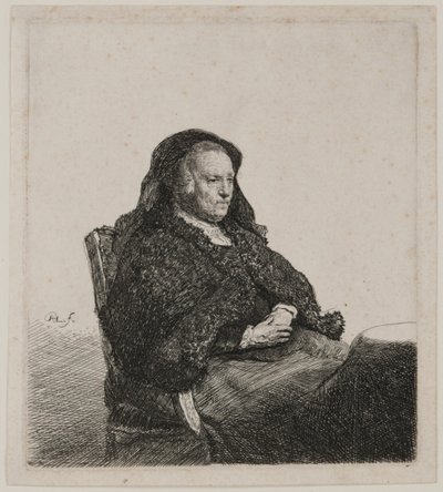 La madre del artista sentada a la mesa, mirando a la derecha: Tres cuartos de largo de Rembrandt van Rijn