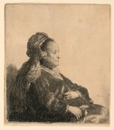 La madre del artista sentada, con tocado oriental: medio cuerpo de Rembrandt van Rijn