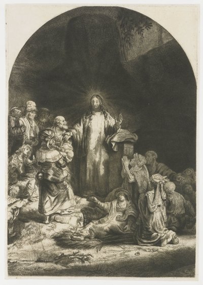 La estampa de los cien florines: la pieza central con Cristo predicando, la placa arqueada de Rembrandt van Rijn