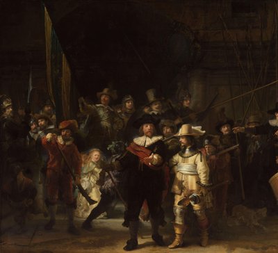 La Guardia Nocturna
Oficiales y otros guardias civiles del Distrito II de Ámsterdam, bajo el mando del capitán Frans Banninck Cocq y el teniente Willem van Ruytenburch, conocidos como "La Guardia Nocturna". de Rembrandt van Rijn