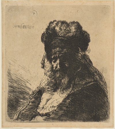 El viejo barbudo con un gorro alto de piel, con los ojos cerrados, ca. 1635 de Rembrandt van Rijn