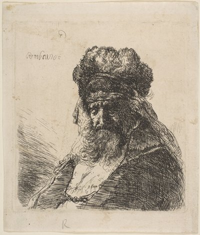 El Viejo Barbudo con un Gorro de Piel Alto, con los Ojos Cerrados de Rembrandt van Rijn