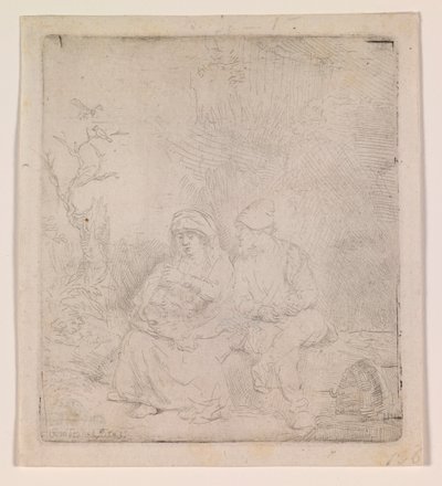 El descanso durante el vuelo (grabado a la acuarela) de Rembrandt van Rijn