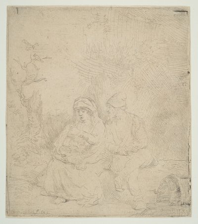 El descanso en la huida a Egipto, ligeramente grabado de Rembrandt van Rijn
