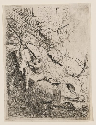 La caza del león pequeño (con un león) de Rembrandt van Rijn