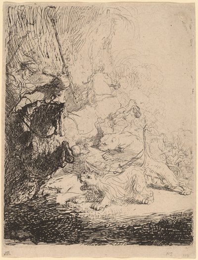 La pequeña caza del león (con dos leones) de Rembrandt van Rijn