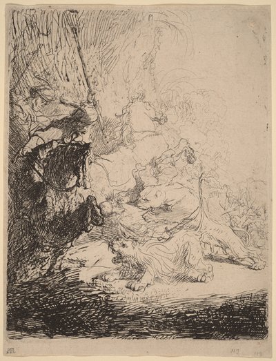 La caza del león pequeño (con dos leones) de Rembrandt van Rijn