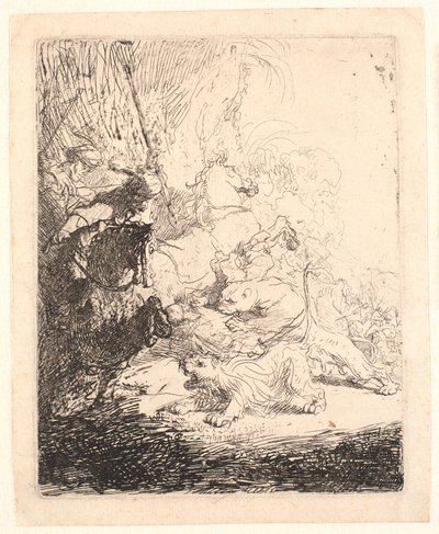 La pequeña caza del león (con dos leones) de Rembrandt van Rijn