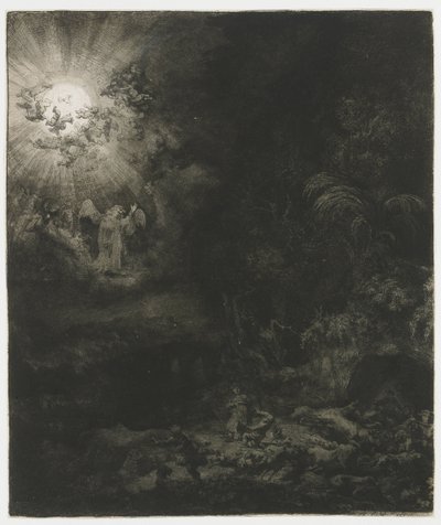 El ángel que se aparece a los pastores de Rembrandt van Rijn