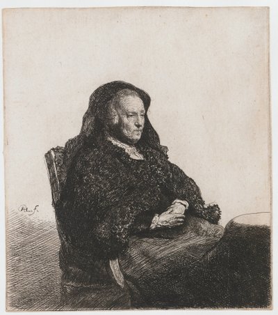 La madre del artista sentada en una mesa, mirando a la derecha: tres cuartos de longitud de Rembrandt van Rijn