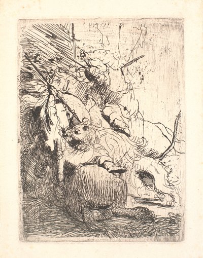 La pequeña caza del león (con un león) de Rembrandt van Rijn