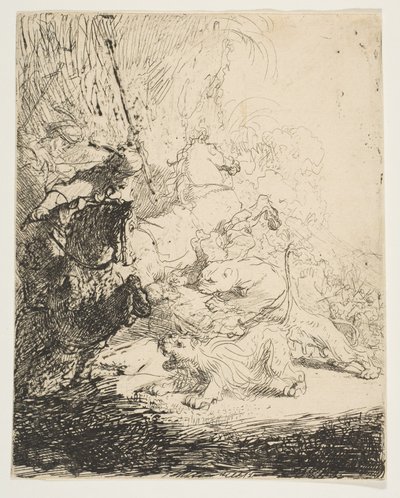 La pequeña caza del león, con dos leones de Rembrandt van Rijn