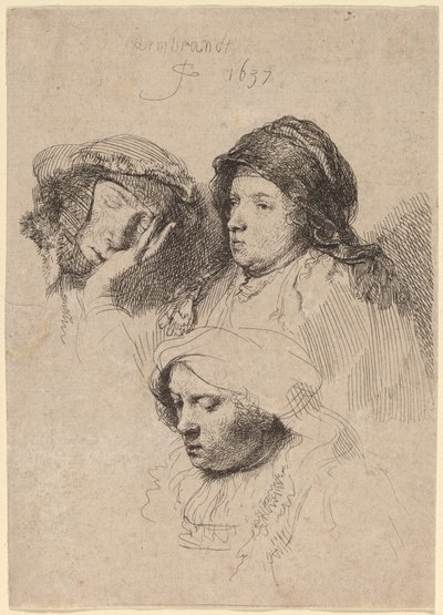 Tres cabezas de mujeres, una dormida de Rembrandt van Rijn