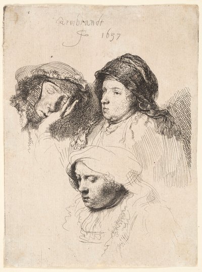 Tres cabezas de mujeres, una dormida de Rembrandt van Rijn