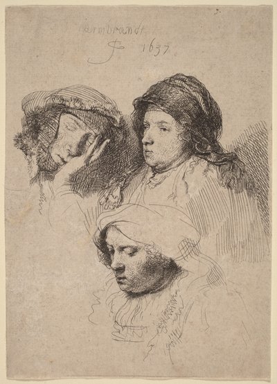 Tres rostros de mujer, una dormida de Rembrandt van Rijn