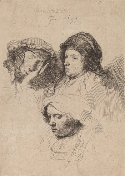 Tres Cabezas de Mujeres, Una Dormida, 1637 de Rembrandt van Rijn