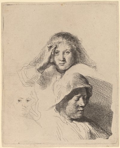 Tres cabezas de mujeres, una ligeramente grabada de Rembrandt van Rijn