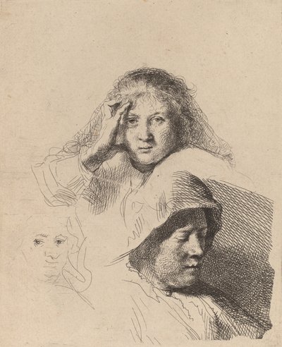 Tres Cabezas de Mujeres, Una Ligeramente Grabada de Rembrandt van Rijn