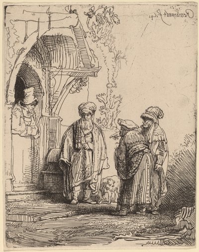 Tres figuras orientales (¿Jacob y Labán?) de Rembrandt van Rijn