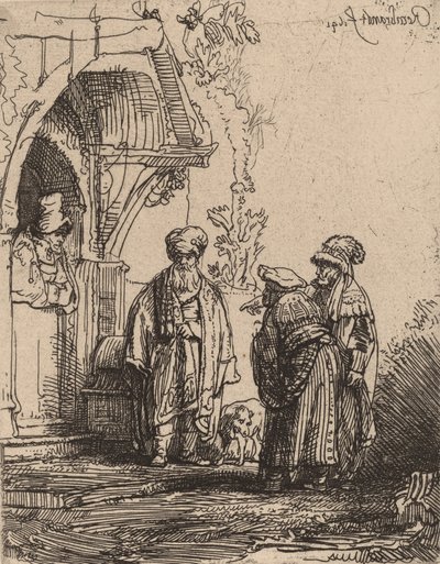 Tres figuras orientales Jacob y Laban de Rembrandt van Rijn
