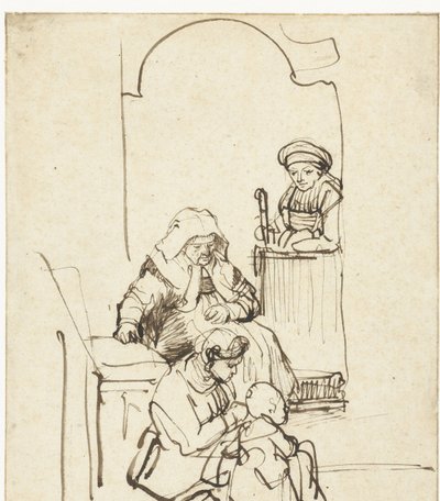 tres mujeres y un niño junto a una puerta de Rembrandt van Rijn