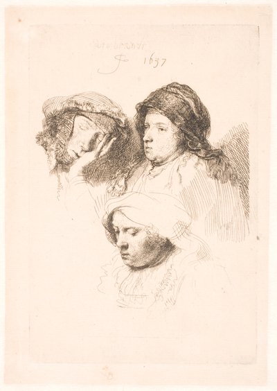 Tres cabezas de mujeres, una dormida de Rembrandt van Rijn