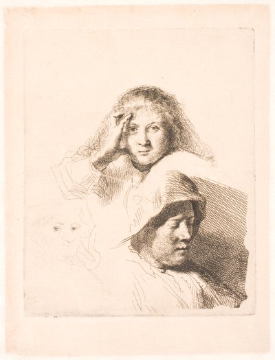 Tres cabezas de mujeres, una ligeramente grabada de Rembrandt van Rijn