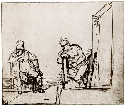 Dos hombres sentados en una puerta de Rembrandt van Rijn
