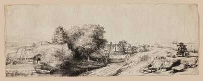 Vista del Diemerdijk con un lechero y cabañas de Rembrandt van Rijn