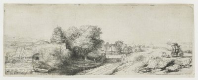 Vista del Diemerdijk con un lechero y unas casitas de Rembrandt van Rijn