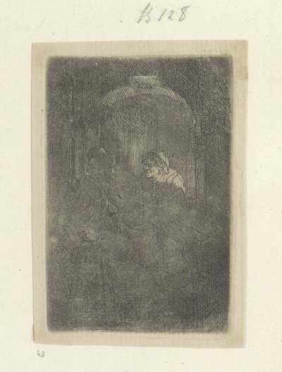 mujer, en, un, puerta, hablar, a, un, hombre, con, niños Recueil de quatre-vingt-cinq estampes originales (título de la serie) de Rembrandt van Rijn