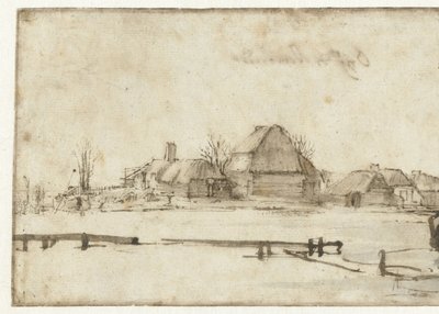 Vista de invierno con un canal, cabañas y dos barcos de Rembrandt van Rijn