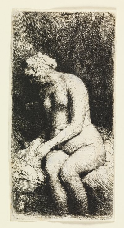 Mujer bañando sus pies en un arroyo de Rembrandt van Rijn