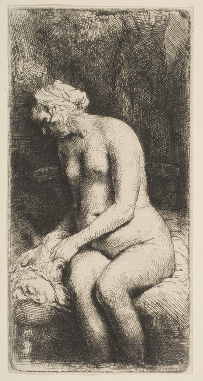 Mujer bañando sus pies en un arroyo de Rembrandt van Rijn