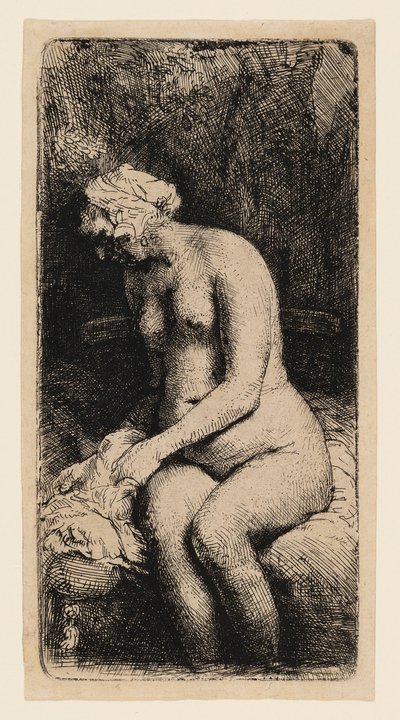 Mujer bañando sus pies en un arroyo de Rembrandt van Rijn
