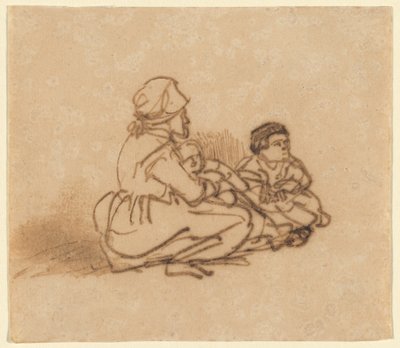 Mujer sentada en el suelo con dos niños de Rembrandt van Rijn