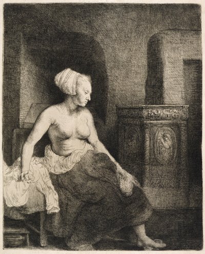 Mujer Sentada Medio Desnuda Junto a una Estufa, 1658 de Rembrandt van Rijn