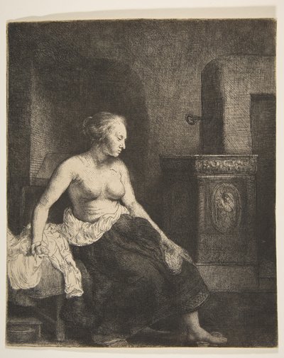 Mujer sentada medio vestida junto a una estufa, 1658 de Rembrandt van Rijn