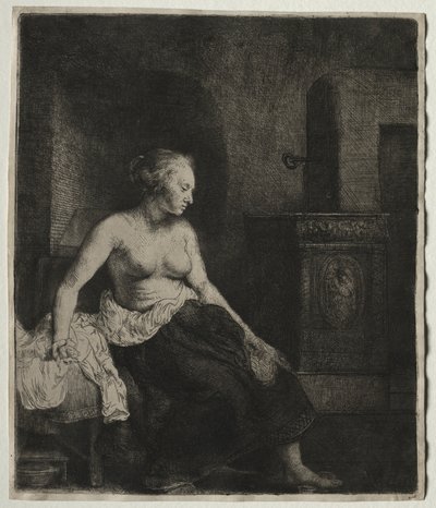 Mujer sentada medio vestida junto a una estufa de Rembrandt van Rijn