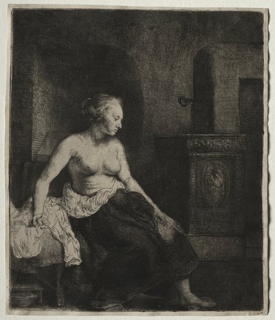 Mujer sentada medio vestida junto a una estufa, 1658 de Rembrandt van Rijn