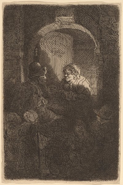 Mujer en una puerta hablando con un hombre y niños (El maestro de escuela) de Rembrandt van Rijn