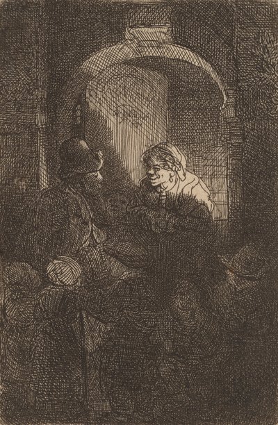 Mujer en una puerta hablando con un hombre y niños, 1641 de Rembrandt van Rijn