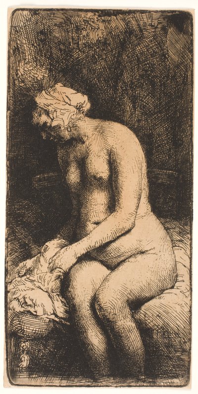 Mujer bañando sus pies en un arroyo de Rembrandt van Rijn