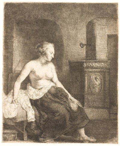 Mujer sentada medio vestida junto a una estufa de Rembrandt van Rijn