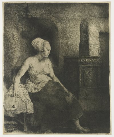 Mujer sentada a medio vestir junto a una estufa de Rembrandt van Rijn