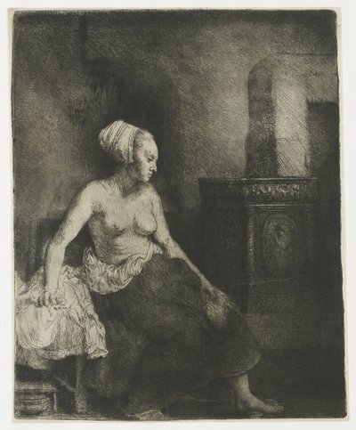 Mujer sentada a medio vestir junto a una estufa de Rembrandt van Rijn
